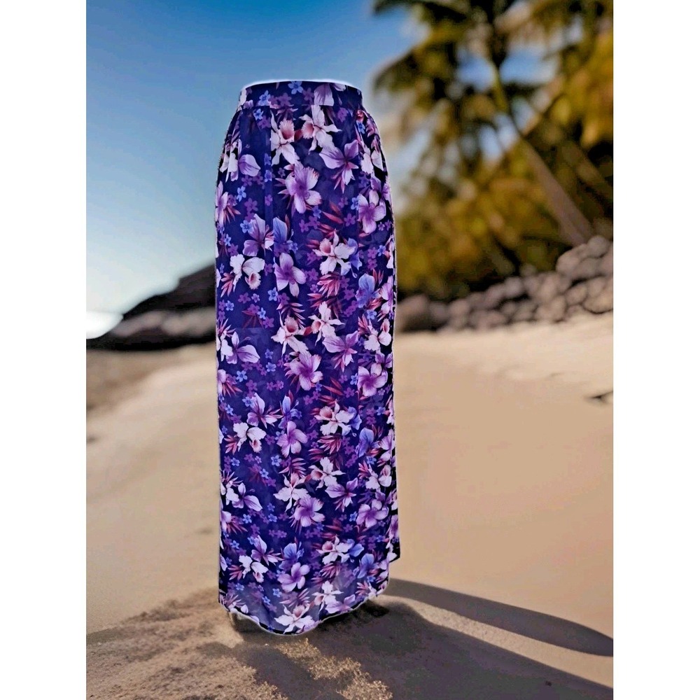 Forever 21 Maxi Skirt M Purple Floral Sheer Overlay Side Slit Tropic Beachy Boho